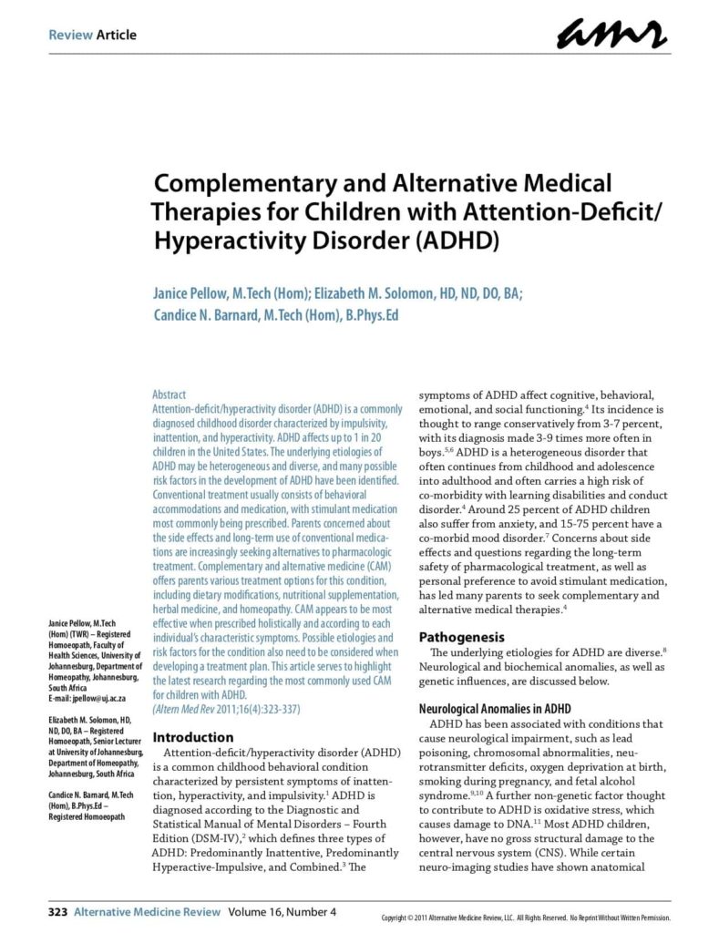 Complementary and Alternative Medical Therapies for Children with Attention-Deficit/Hyperactivity Disorder (ADHD)