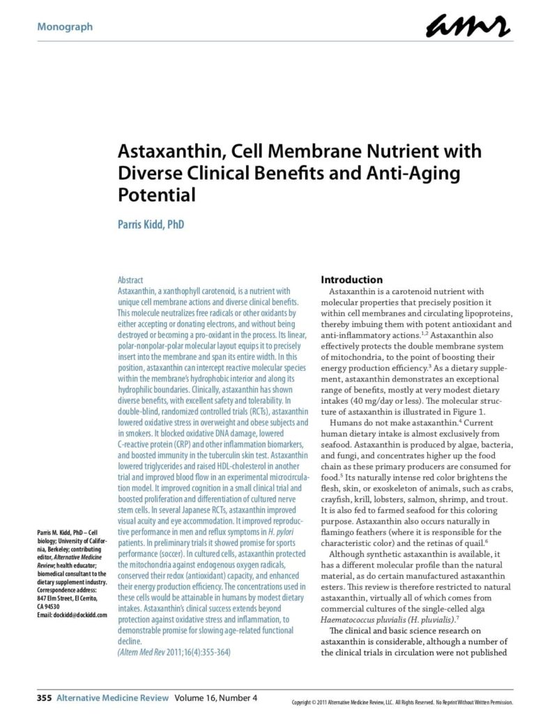 Astaxanthin, Cell Membrane Nutrient with Diverse Clinical Benefits and Anti-Aging Potential