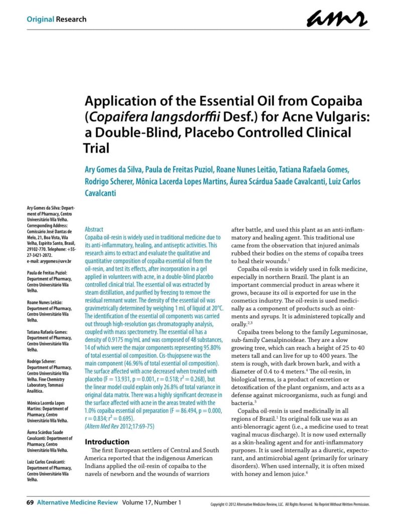 Application of the Essential Oil from Copaiba (Copaifera langsdorffii Desf.) for Acne Vulgaris: a Double-Blind, Placebo Controlled Clinical Trial