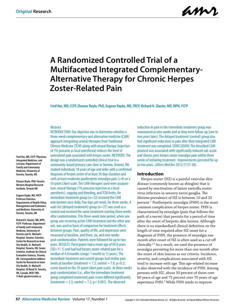 A Randomized Controlled Trial of a Multifaceted Integrated ComplementaryAlternative Therapy for Chronic Herpes Zoster-Related Pain