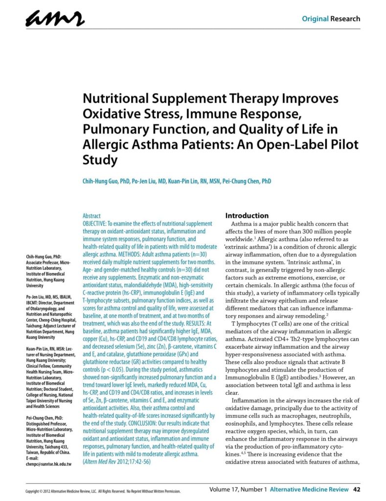 Nutritional Supplement Therapy Improves Oxidative Stress, Immune Response, Pulmonary Function, and Quality of Life in Allergic Asthma Patients: An Open-Label Pilot Study