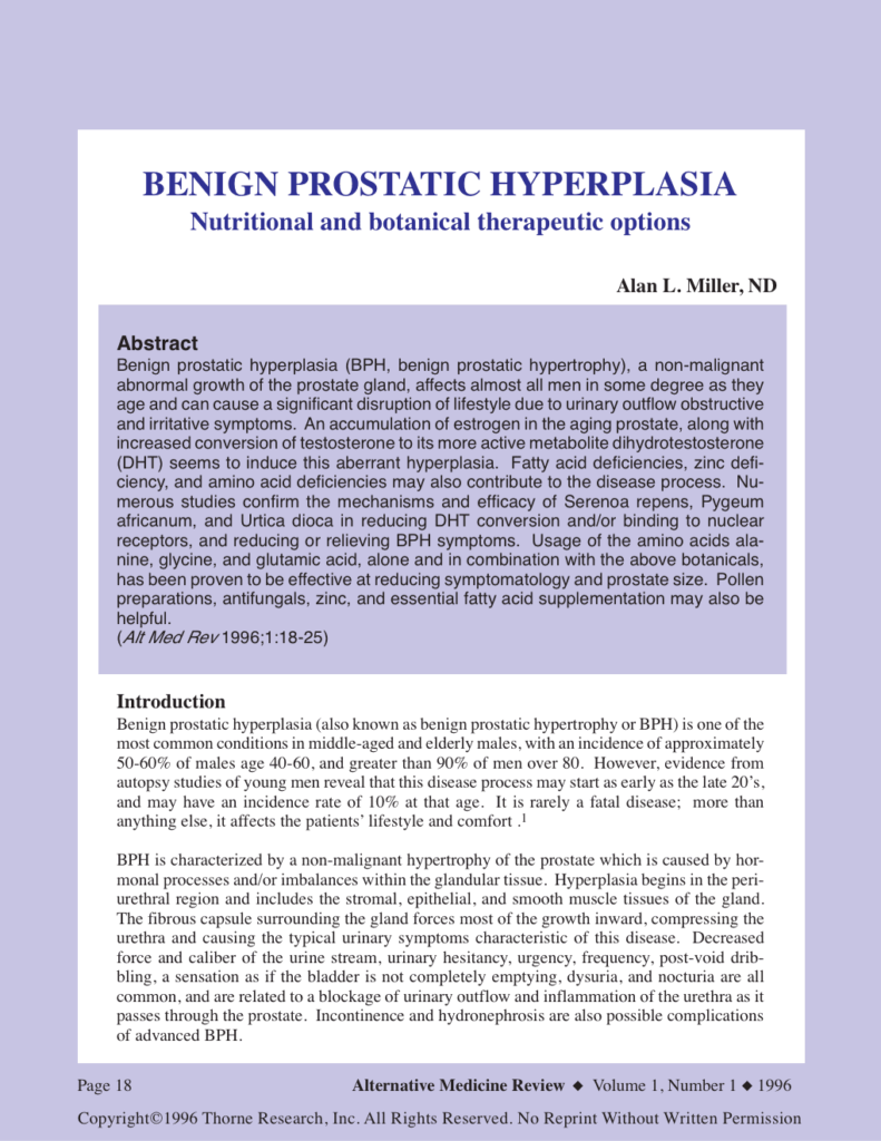 BENIGN PROSTATIC HYPERPLASIA Nutritional and botanical therapeutic options