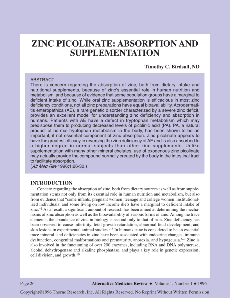 ZINC PICOLINATE: ABSORPTION AND SUPPLEMENTATION