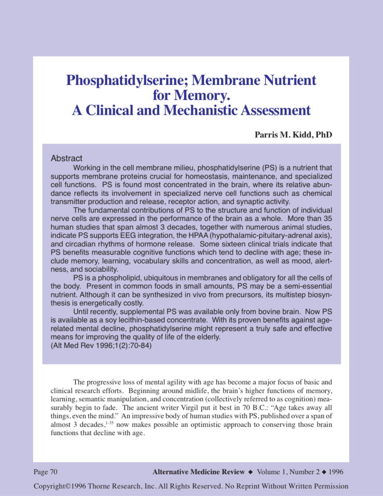 Phosphatidylserine; Membrane Nutrient for Memory. A Clinical and Mechanistic Assessment