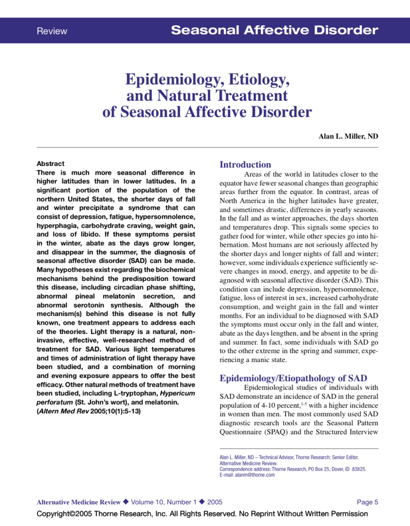 Epidemiology, Etiology, and Natural Treatment of Seasonal Affective Disorder
