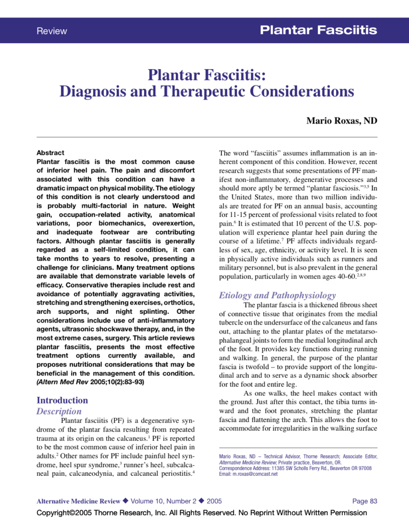 Plantar Fasciitis: Diagnosis and Therapeutic Considerations