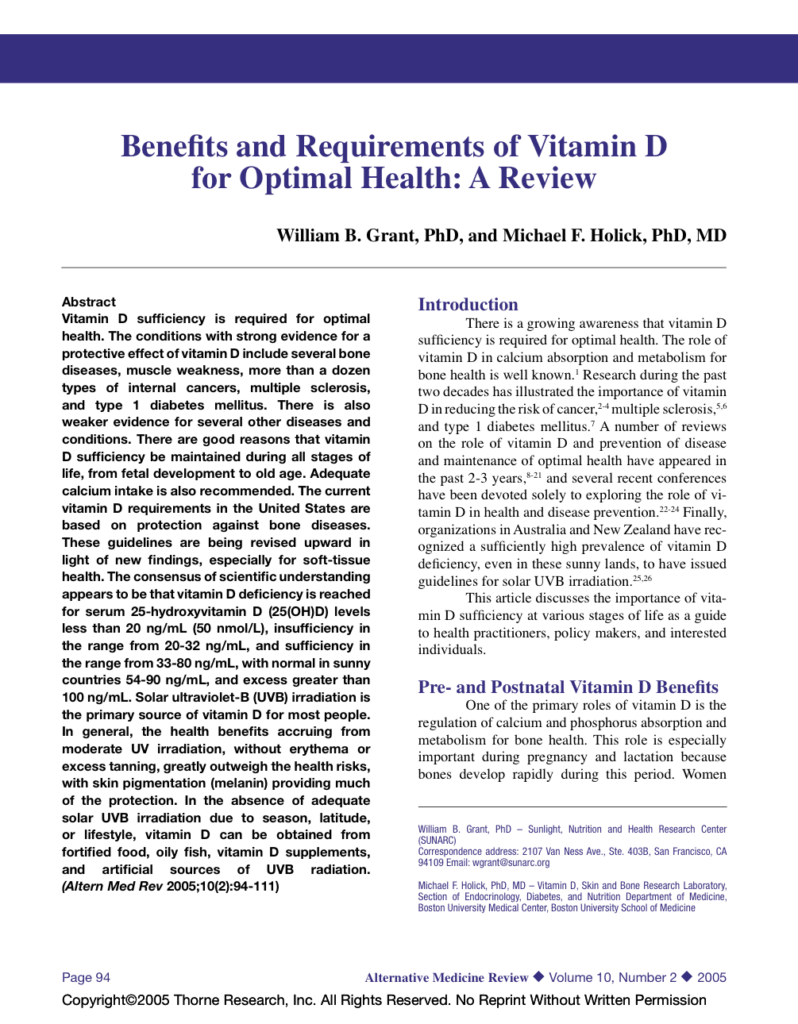 Benefits and Requirements of Vitamin D for Optimal Health: A Review