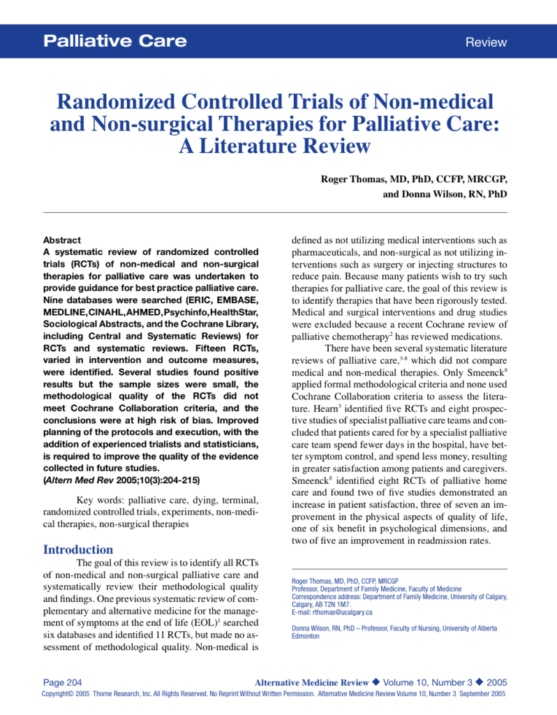 Randomized Controlled Trials of Non-medical and Non-surgical Therapies for Palliative Care: A Literature Review