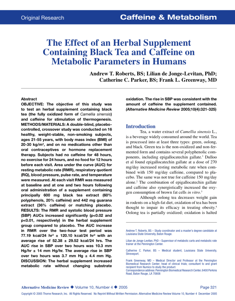 The Effect of an Herbal Supplement Containing Black Tea and Caffeine on Metabolic Parameters in Humans