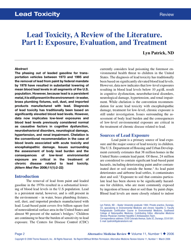 Lead Toxicity, A Review of the Literature. Part I: Exposure, Evaluation, and Treatment