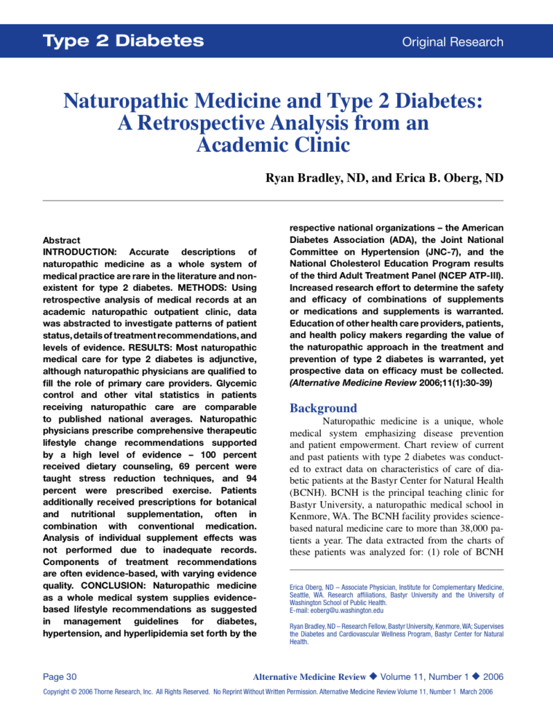 Naturopathic Medicine and Type 2 Diabetes: A Retrospective Analysis from an Academic Clinic