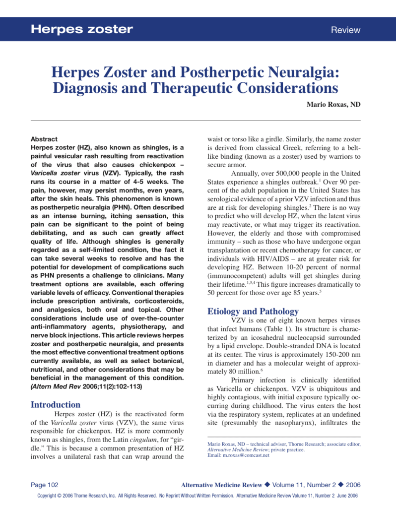 Herpes Zoster and Postherpetic Neuralgia: Diagnosis and Therapeutic Considerations