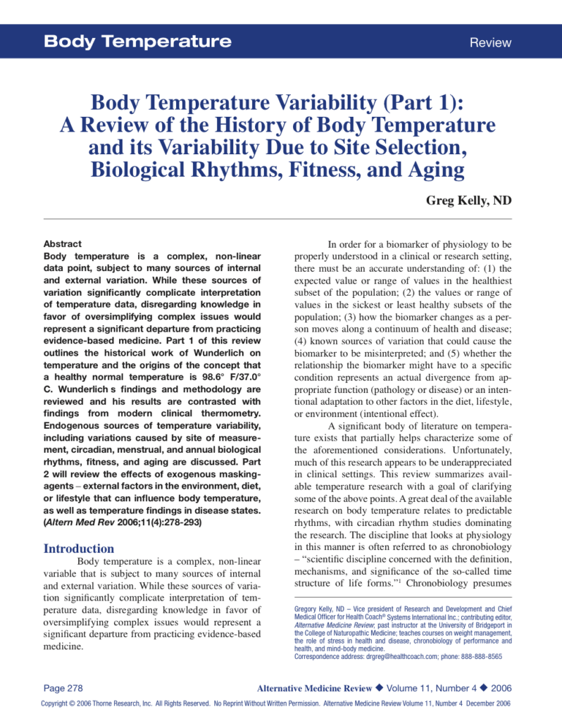 Body Temperature Variability (Part 1): A Review of the History of Body Temperature and its Variability Due to Site Selection, Biological Rhythms, Fitness, and Aging