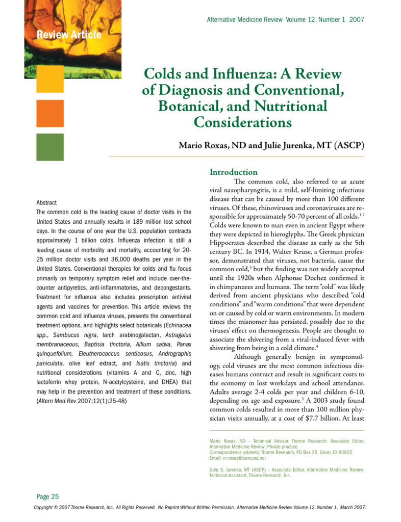 Colds and Influenza: A Review of Diagnosis and Conventional, Botanical, and Nutritional Considerations