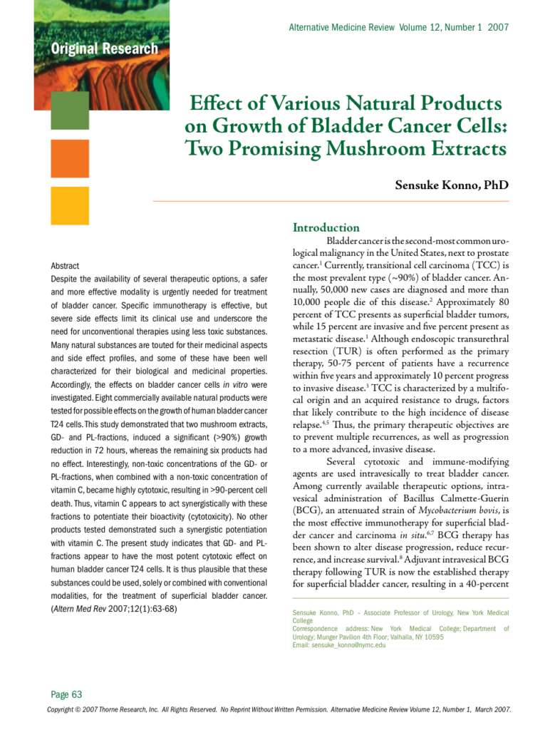 Effect of Various Natural Products on Growth of Bladder Cancer Cells: Two Promising Mushroom Extracts