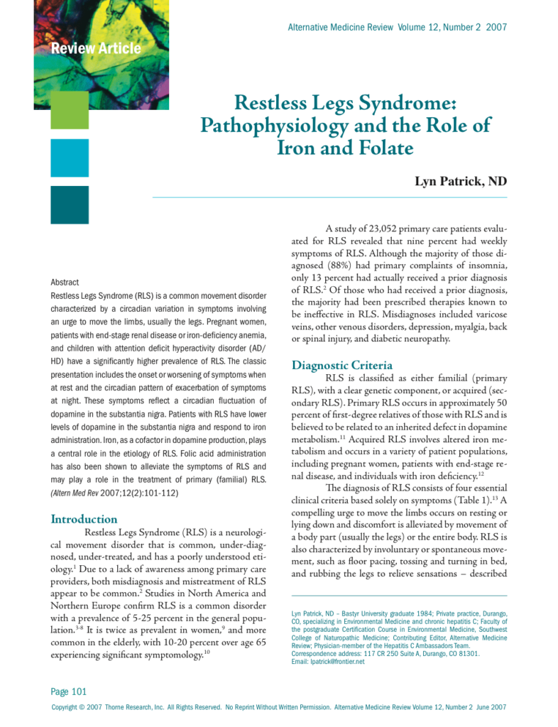 Restless Legs Syndrome: Pathophysiology and the Role of Iron and Folate