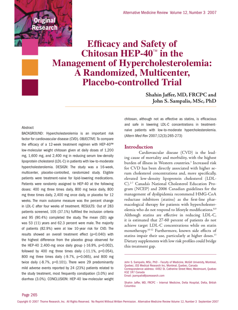 Efficacy and Safety of Chitosan HEP-40 in the Management of Hypercholesterolemia: A Randomized, Multicenter, Placebo-controlled Trial
