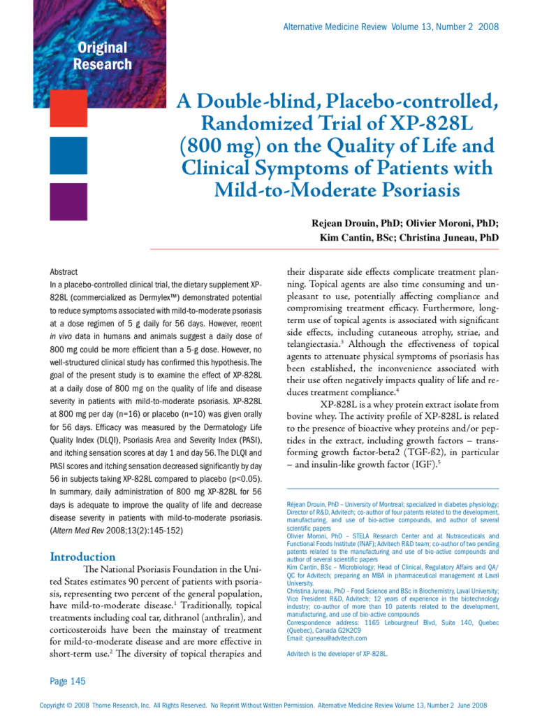 A Double-blind, Placebo-controlled, Randomized Trial of XP-828L (800 mg) on the Quality of Life and Clinical Symptoms of Patients with Mild-to-Moderate Psoriasis