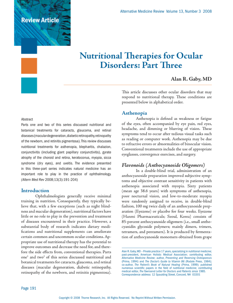 Nutritional Therapies for Ocular Disorders: Part Three