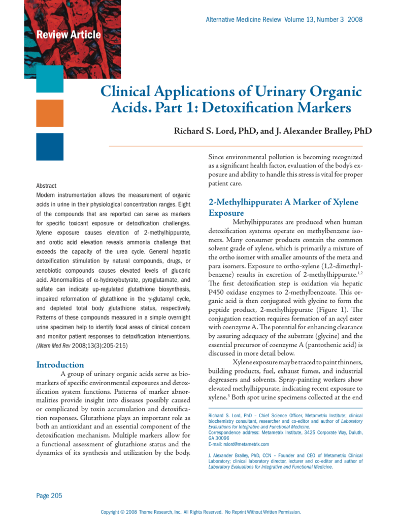 Clinical Applications of Urinary Organic Acids. Part 1: Detoxification Markers