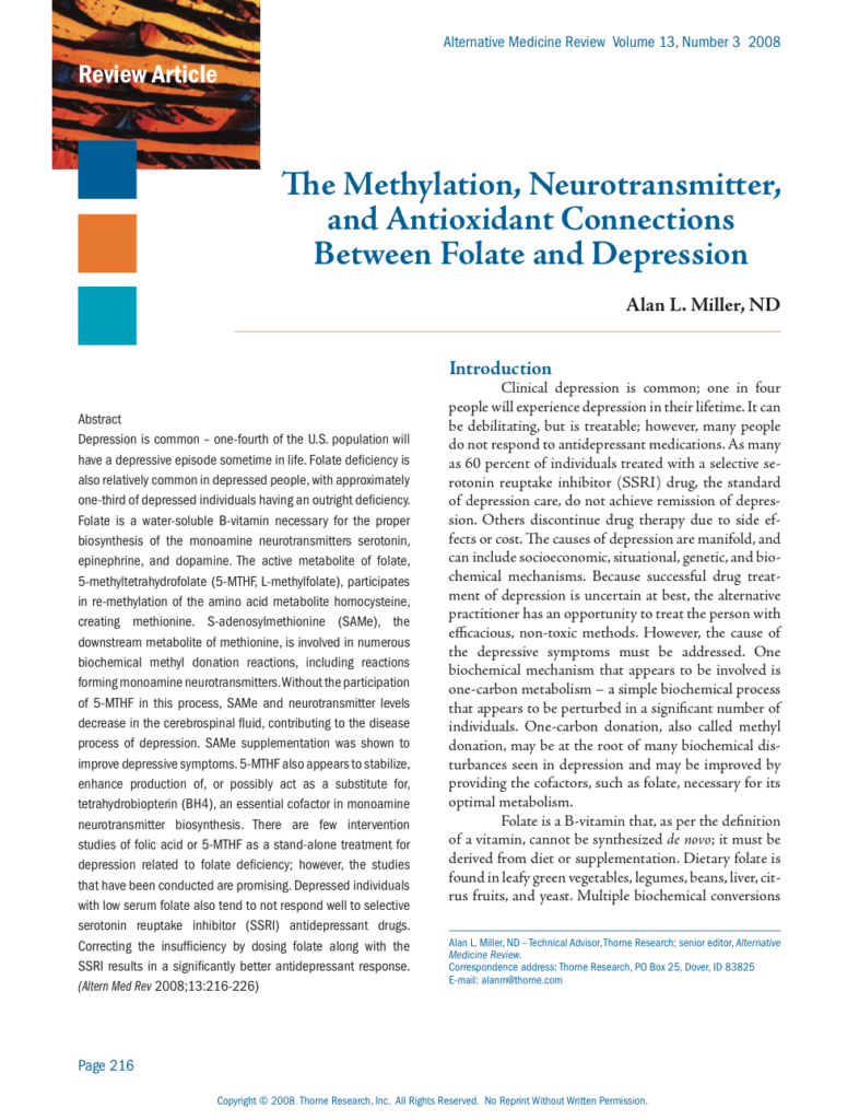 The Methylation, Neurotransmitter, and Antioxidant Connections Between Folate and Depression