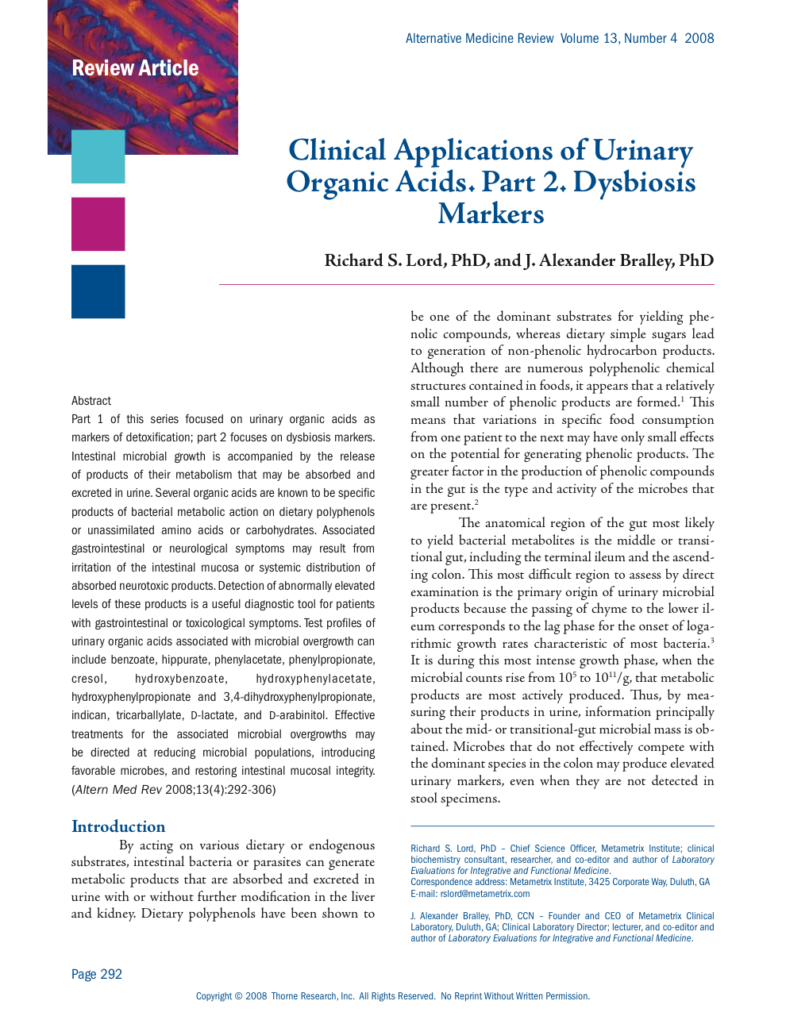 Clinical Applications of Urinary Organic Acids. Part 2. Dysbiosis Markers