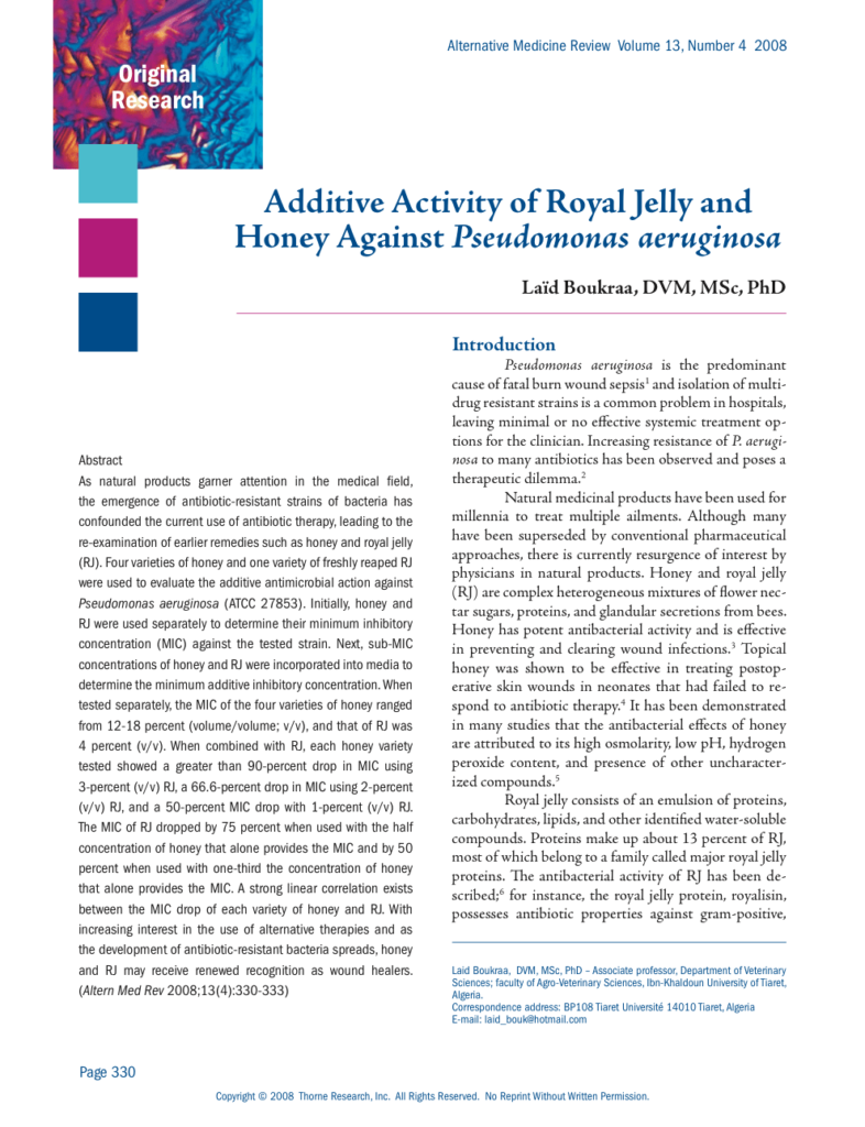 Additive Activity of Royal Jelly and Honey Against Pseudomonas aeruginosa