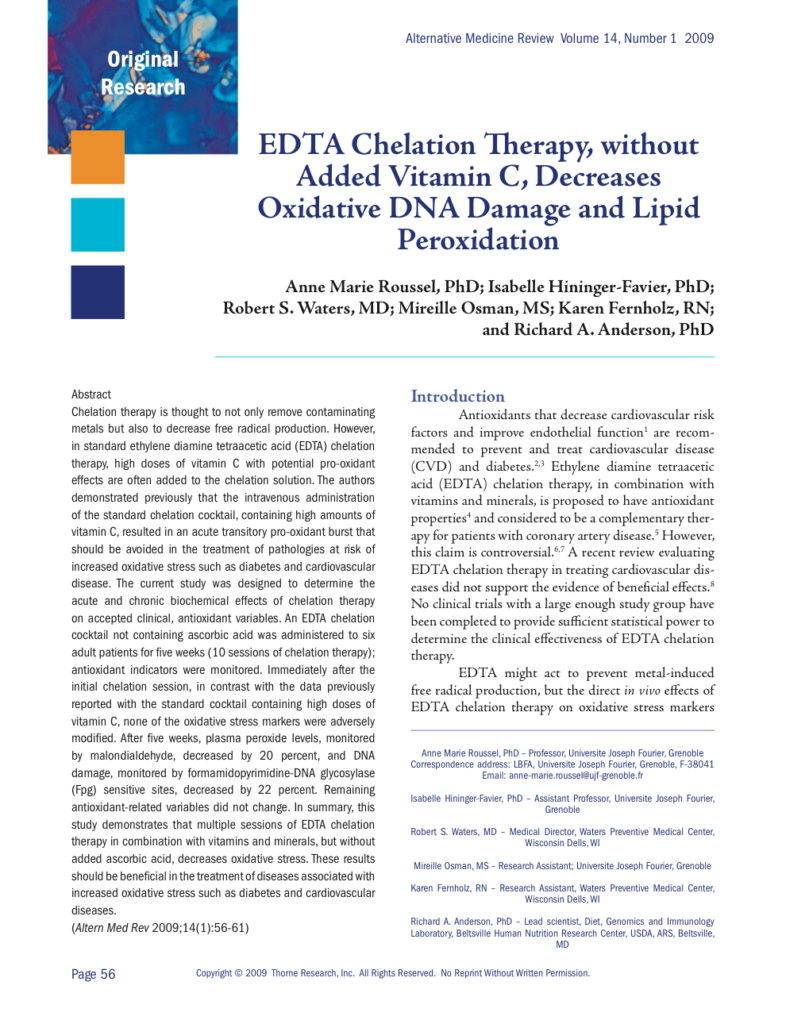 EDTA Chelation Therapy, without Added Vitamin C, Decreases Oxidative DNA Damage and Lipid Peroxidation