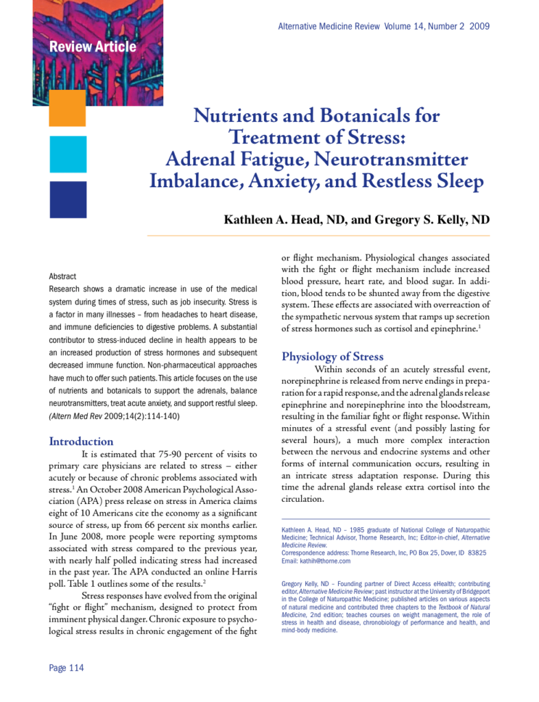 Nutrients and Botanicals for Treatment of Stress: Adrenal Fatigue, Neurotransmitter Imbalance, Anxiety, and Restless Sleep