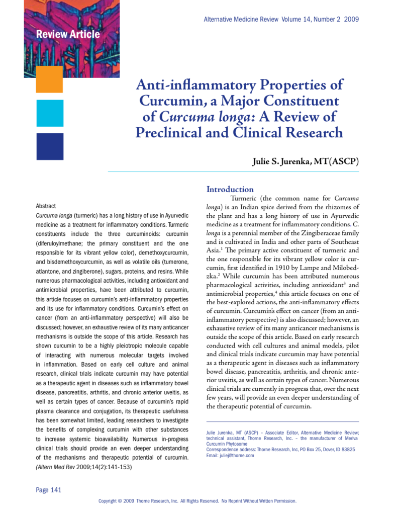 Anti-inflammatory Properties of Curcumin, a Major Constituent of Curcuma longa: A Review of Preclinical and Clinical Research