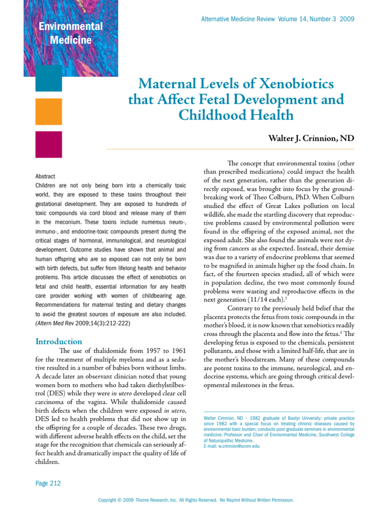 Maternal Levels of Xenobiotics that Affect Fetal Development and Childhood Health