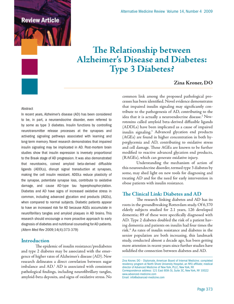 The Relationship between Alzheimer’s Disease and Diabetes: Type 3 Diabetes?