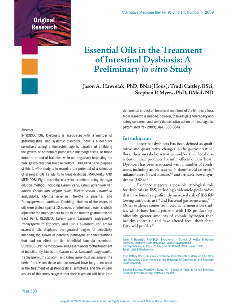 Essential Oils in the Treatment of Intestinal Dysbiosis: A Preliminary in vitro Study