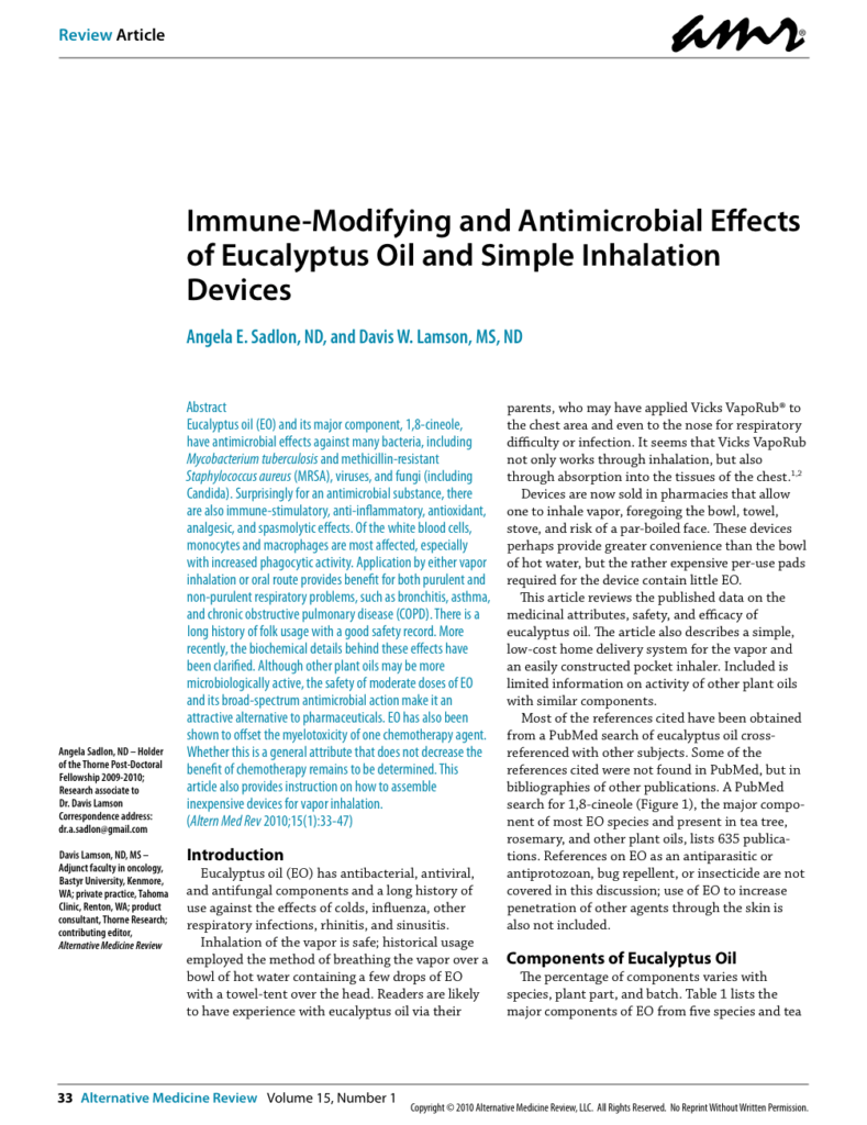 Immune-Modifying and Antimicrobial Effects of Eucalyptus Oil and Simple Inhalation Devices