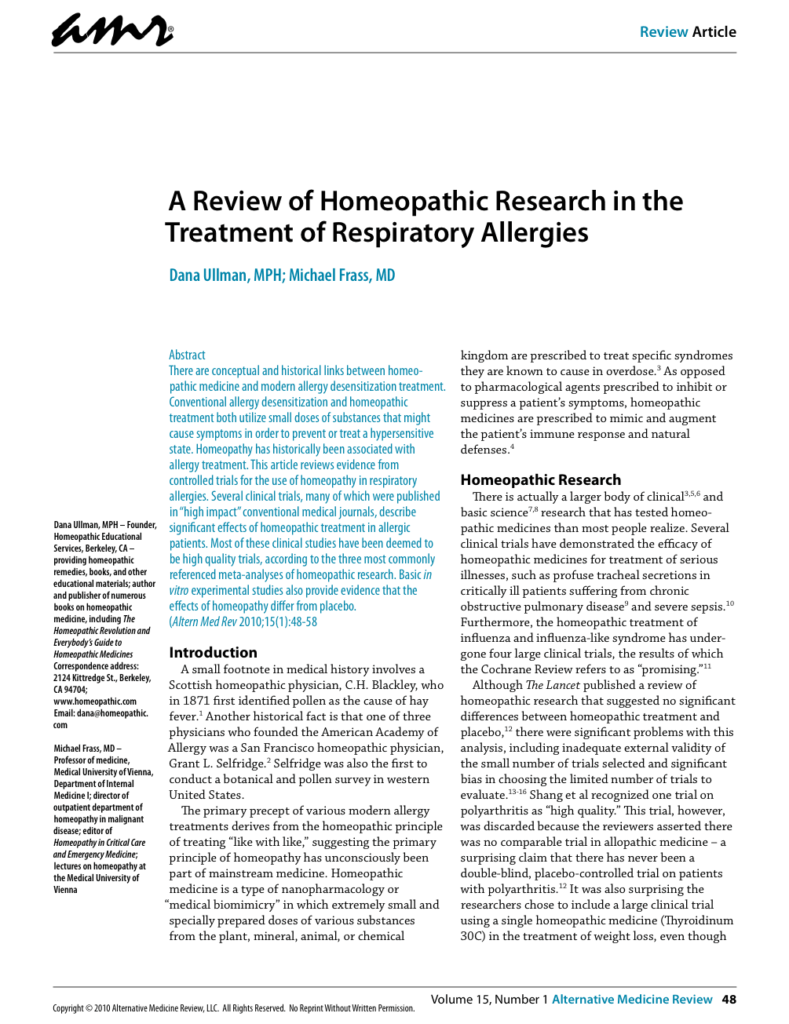 A Review of Homeopathic Research in the Treatment of Respiratory Allergies