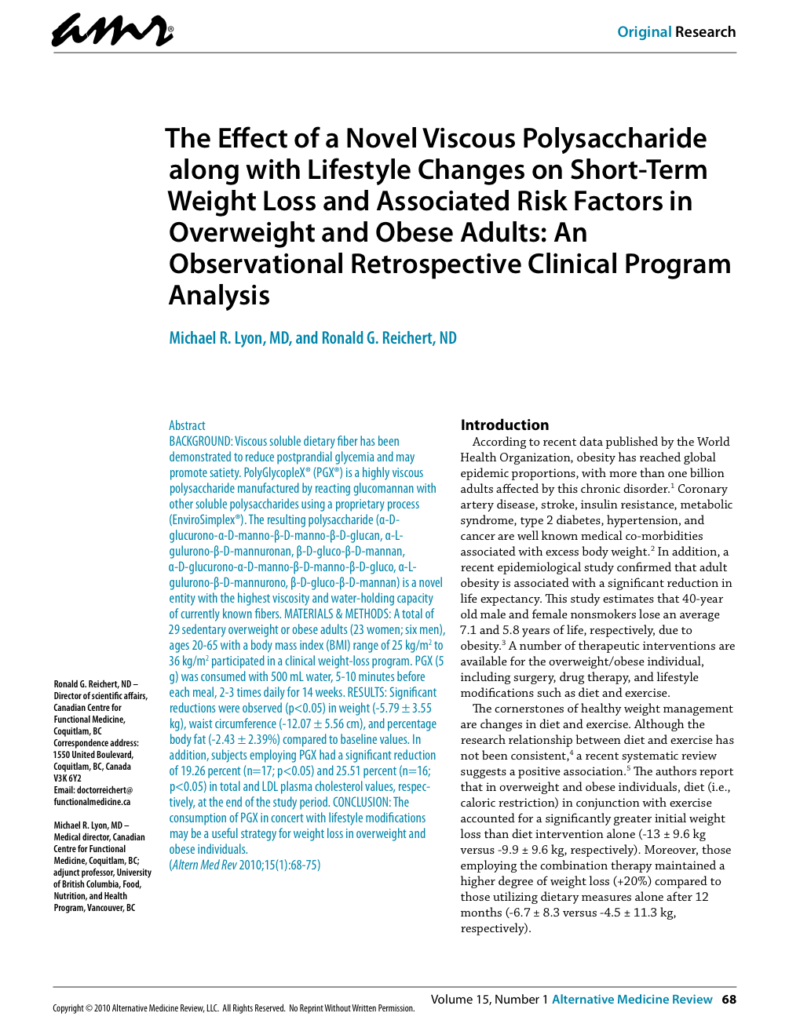 The Effect of a Novel Viscous Polysaccharide along with Lifestyle Changes on Short-Term Weight Loss and Associated Risk Factors in Overweight and Obese Adults: An Observational Retrospective Clinical Program Analysis