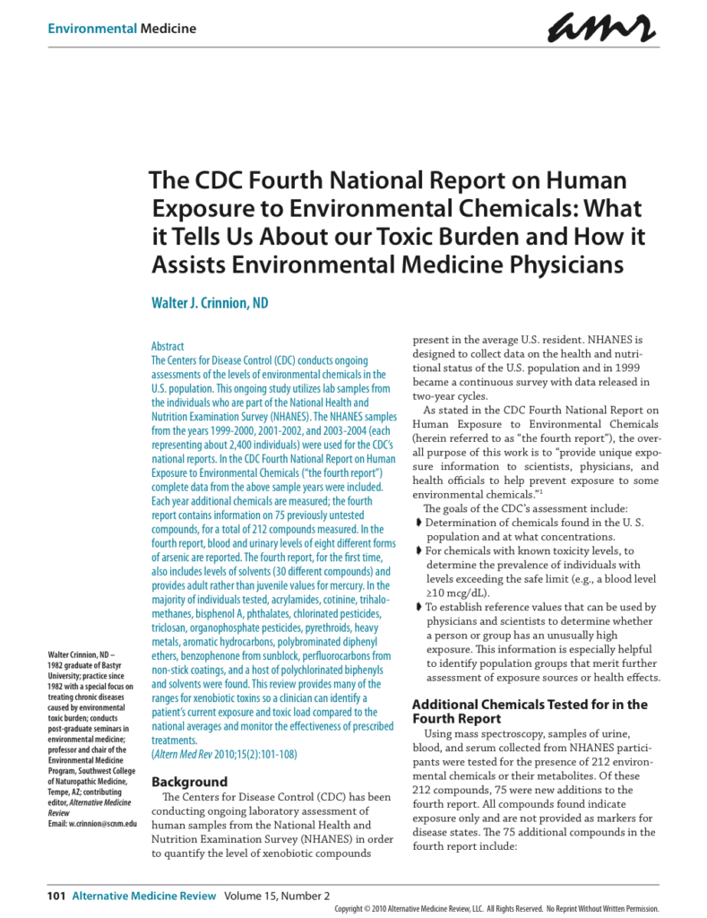 The CDC Fourth National Report on Human Exposure to Environmental Chemicals: What it Tells Us About our Toxic Burden and How it Assists Environmental Medicine Physicians