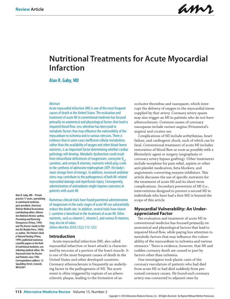 Nutritional Treatments for Acute Myocardial Infarction