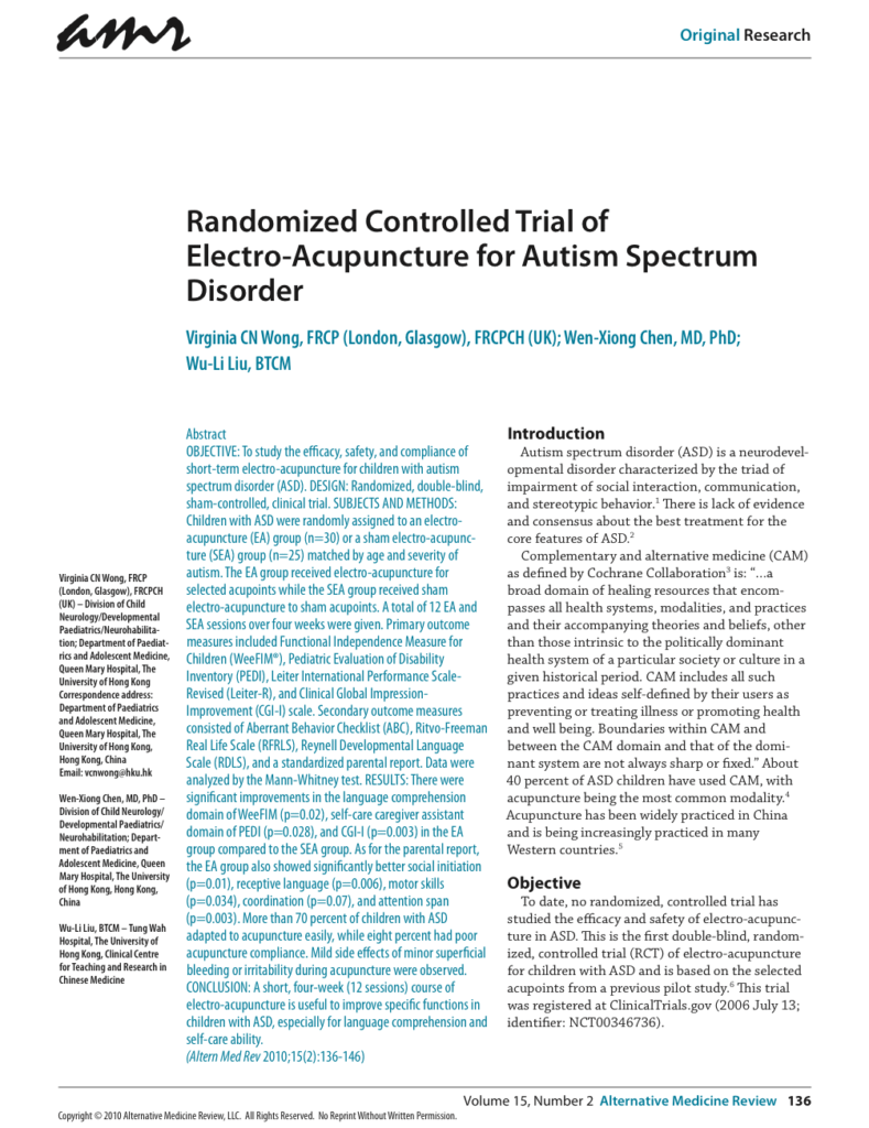 Randomized Controlled Trial of Electro-Acupuncture for Autism Spectrum Disorder