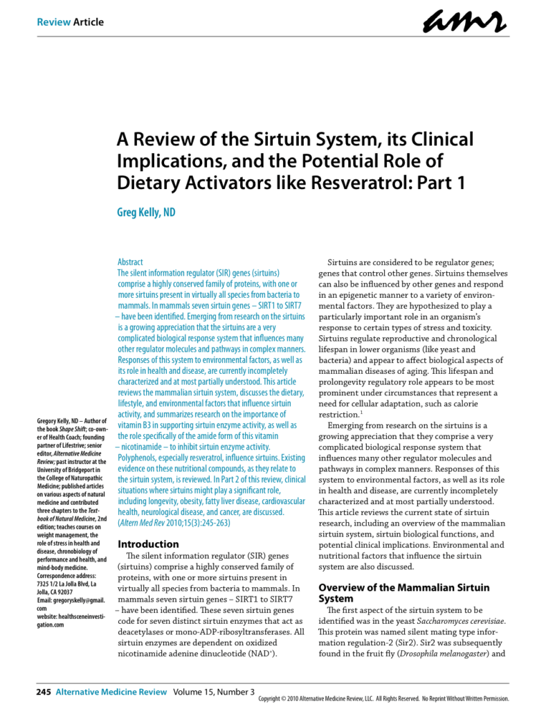 A Review of the Sirtuin System, its Clinical Implications, and the Potential Role of Dietary Activators like Resveratrol: Part 1