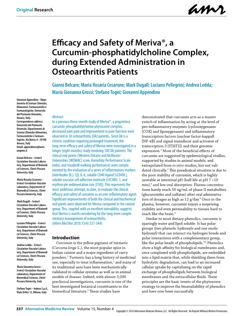 Efficacy and Safety of Meriva®, a Curcumin-phosphatidylcholine Complex, during Extended Administration in Osteoarthritis Patients