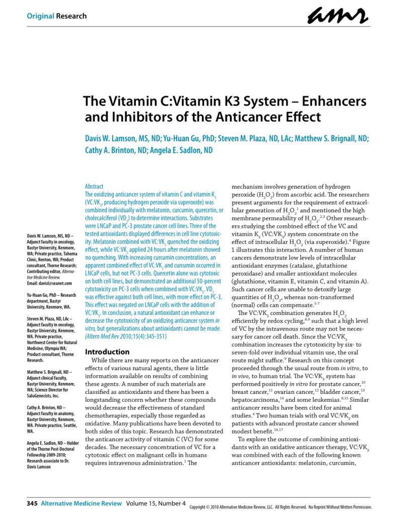 The Vitamin C:Vitamin K3 System – Enhancers and Inhibitors of the Anticancer Effect
