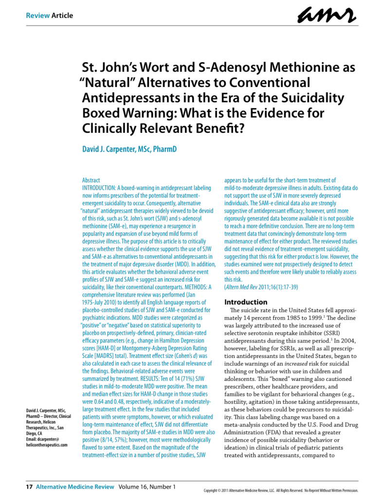 St. John’s Wort and S-Adenosyl Methionine as “Natural” Alternatives to Conventional Antidepressants in the Era of the Suicidality Boxed Warning: What is the Evidence for Clinically Relevant Benefit?
