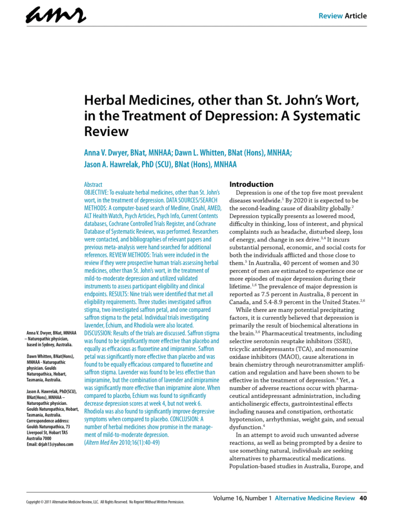 Herbal Medicines, other than St. John’s Wort, in the Treatment of Depression: A Systematic Review