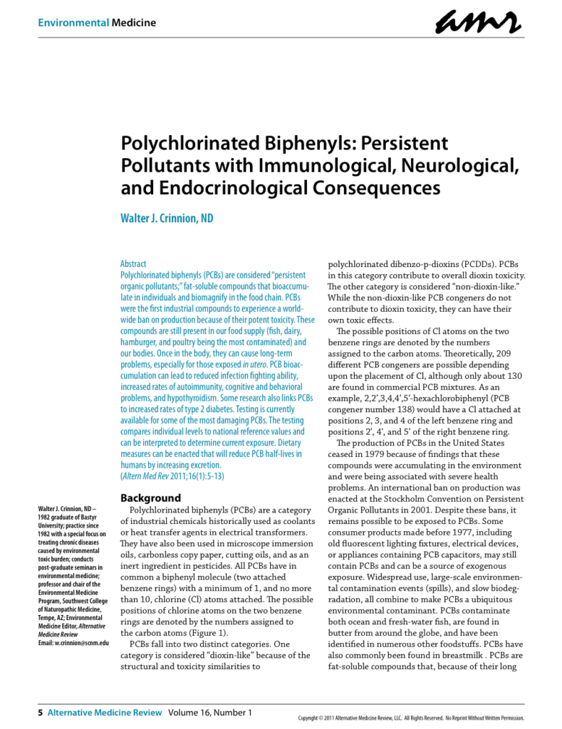 Polychlorinated Biphenyls: Persistent Pollutants with Immunological, Neurological, and Endocrinological Consequences