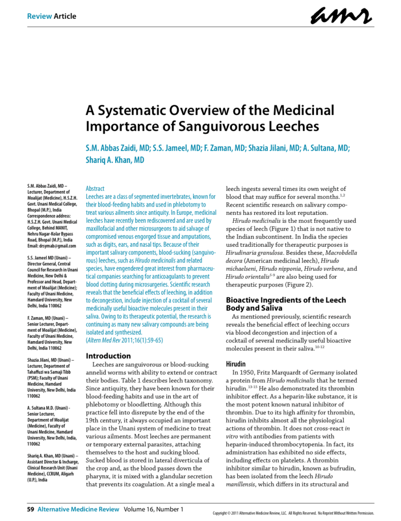 A Systematic Overview of the Medicinal Importance of Sanguivorous Leeches