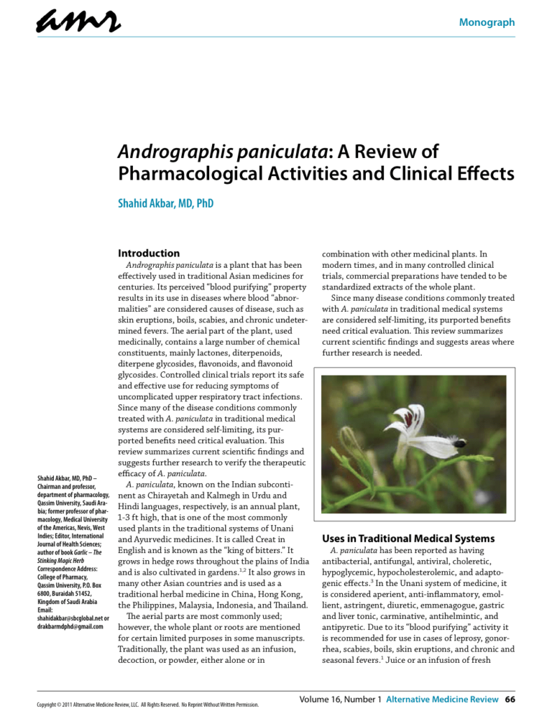 Andrographis paniculata: A Review of Pharmacological Activities and Clinical Effects