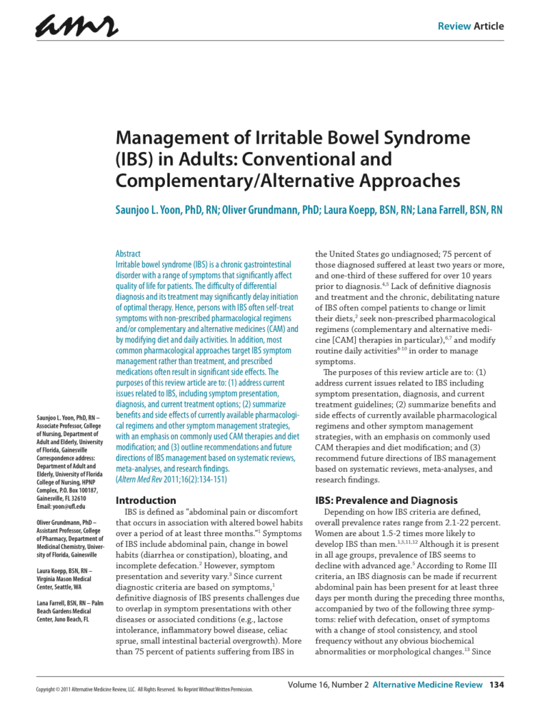 Management of Irritable Bowel Syndrome (IBS) in Adults: Conventional and Complementary/Alternative Approaches
