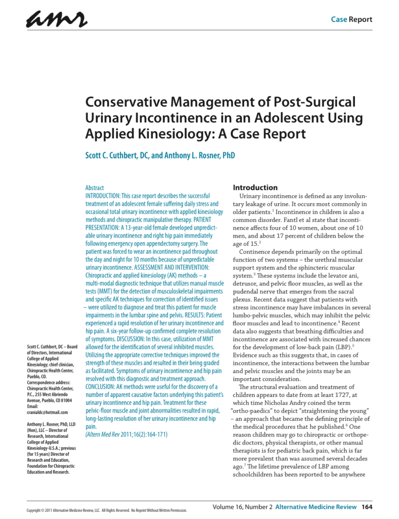 Conservative Management of Post-Surgical Urinary Incontinence in an Adolescent Using Applied Kinesiology: A Case Report