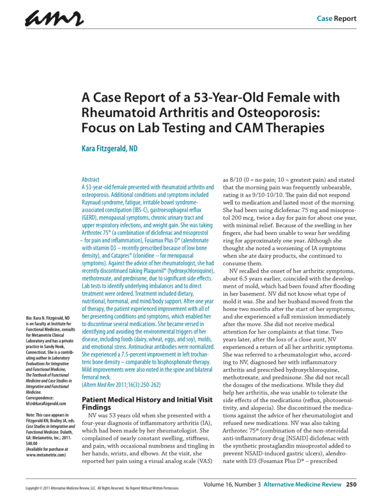 A Case Report of a 53-Year-Old Female with Rheumatoid Arthritis and Osteoporosis: Focus on Lab Testing and CAM Therapies
